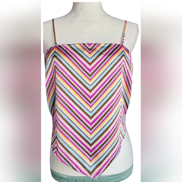 SO Smocked Back Scarf Top Satin Like Women's Junior's L Multi Color Striped - Picture 1 of 10